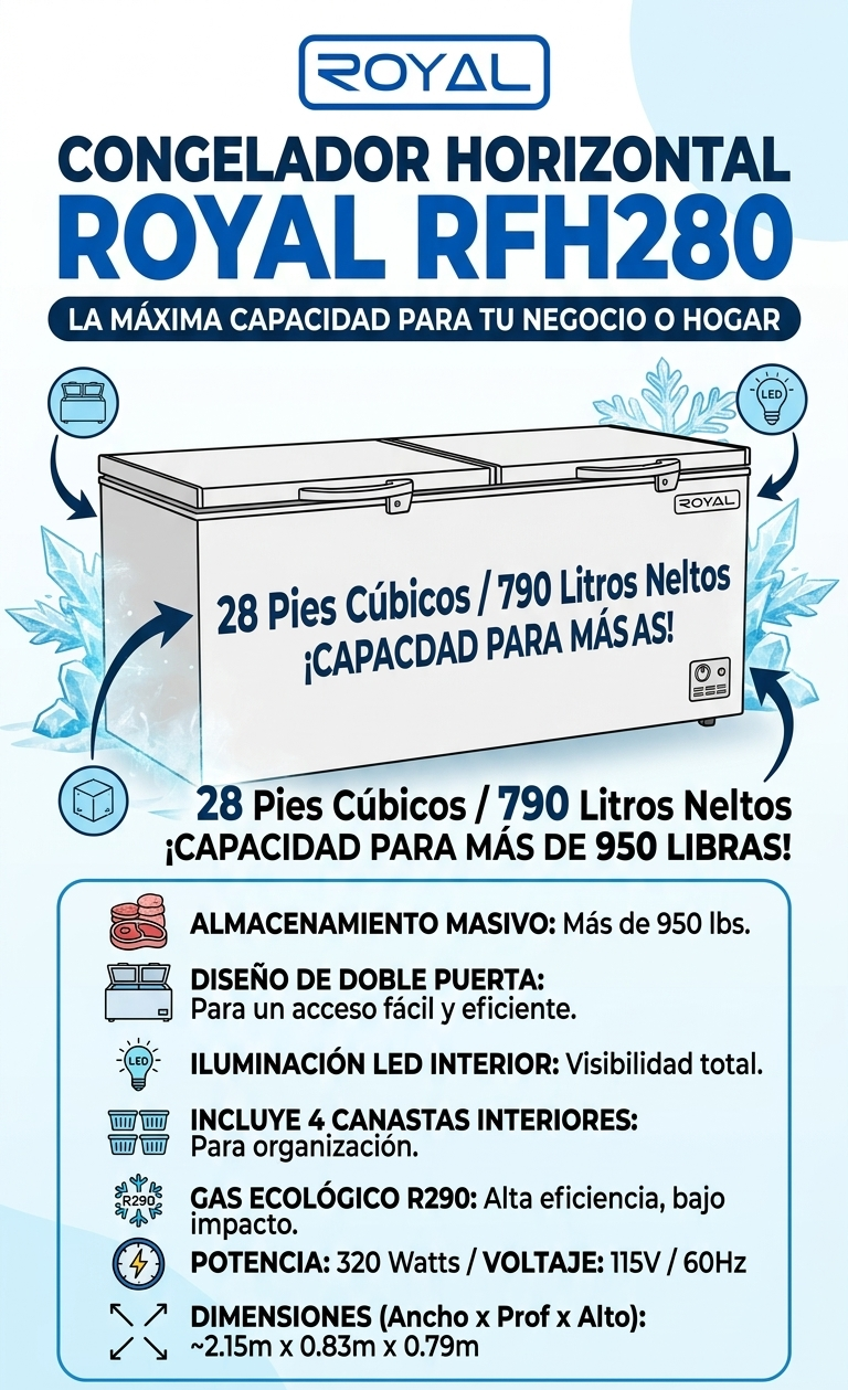 Congelador horizontal de dos puertas Royal 28 pies cúbicos