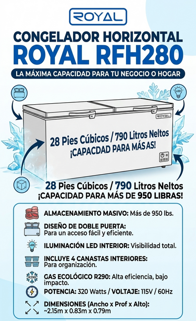 Congelador horizontal de dos puertas Royal 28 pies cúbicos