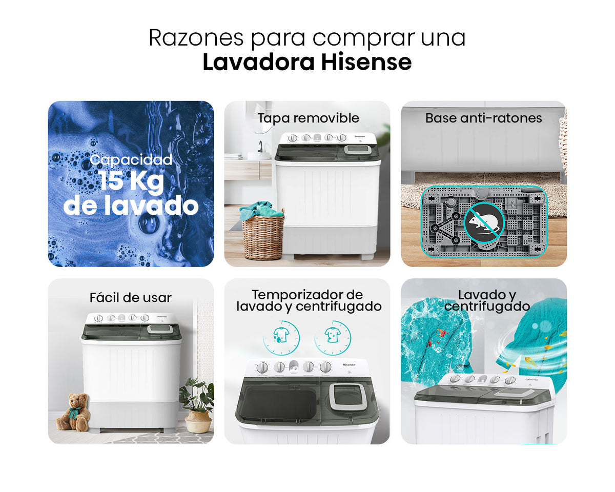 Lavadora Hisense carga superior semiautomática 15 kg